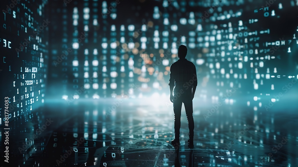 Poster a man stands in front of a virtual screen with a binary code Data verification device and network control Data protection search for information leakage : Generative AI