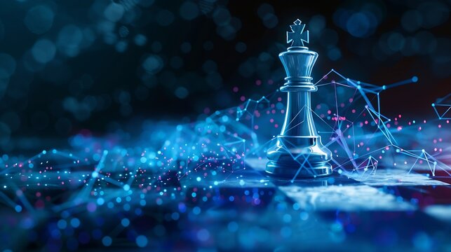Leader with brain and ideas can make an impact and different on the digital world concept White chess king with blur graphic Binary Data computer Number network on blue dark background : Generative AI