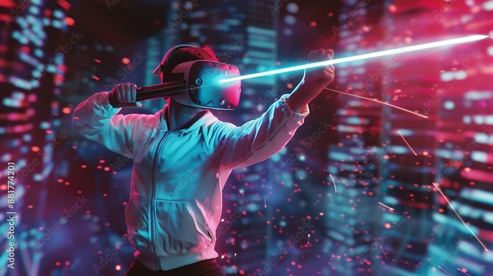 Aufkleber Energetic man with VR glasses fencing neon sword with music block Skilled person playing a game while holding sword and enter in metaverse with neon city background Blurring background : Generative AI