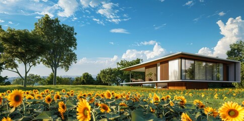 A modern eco-friendly home surrounded by a blooming sunflower field and lush trees under a clear blue sky, embodying sustainable living in a picturesque natural setting.