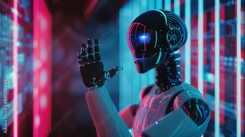 Aufkleber Self aware AGI AI gaining humanoid form inside cyberspace waving hand saluting man Artificial intelligence becoming sentient greeting IT admin human machine interaction concept camera  : Generative AI