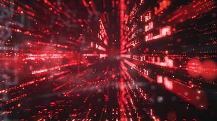 Binary number stream code blurred with zoom effect representing information technology computers network  red danger hacked virus : Generative AI