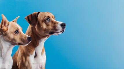 Banner Closeup three hide dogs head Isolated on blue background : Generative AI