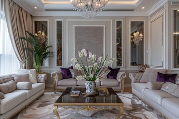 A spacious living room with white walls, large windows, and luxurious couches