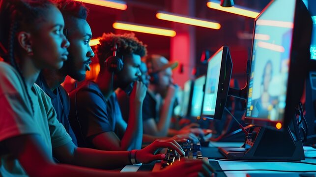 Multiracial team of professional gamers playing in a multiplayer video game on a pc in a gaming club Participating in an esport online cyber games tournament Copy space : Generative AI