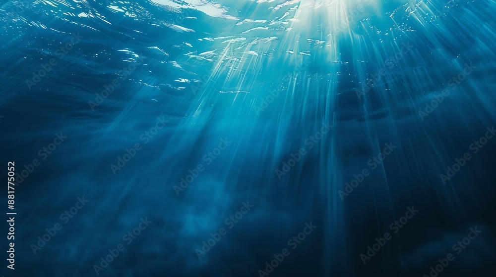 Poster abstract image of tropical underwater dark blue deep ocean wide nature background with rays of sunli
