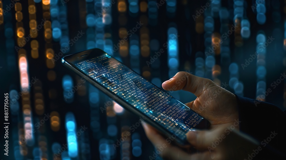 Aufkleber Close up of businessman hand holding mobile phone with abstract glowing big data hologram with binary code on dark background Stream information filtering machine algorithm concept : Generative AI