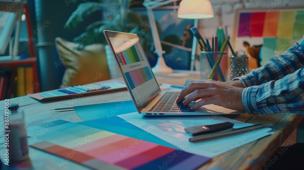 Poster cropped image of interior designer chooses color from color swatches while laptop displayed website 