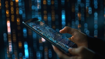 Close up of businessman hand holding mobile phone with abstract glowing big data hologram with binary code on dark background Stream information filtering machine algorithm concept : Generative AI