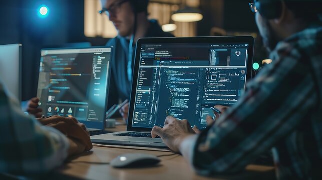 Panorama shot of frontend developer team brainstorming UI and UX designs for mobile app on laptop computer screen User interface development team planning for userfriendly UI design Sc : Generative AI