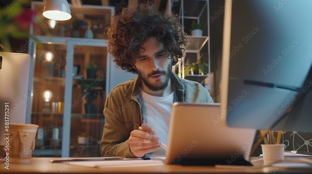 Aufkleber focused curlyhaired man editing photos on tablet and looking at monitor in modern startup office : g