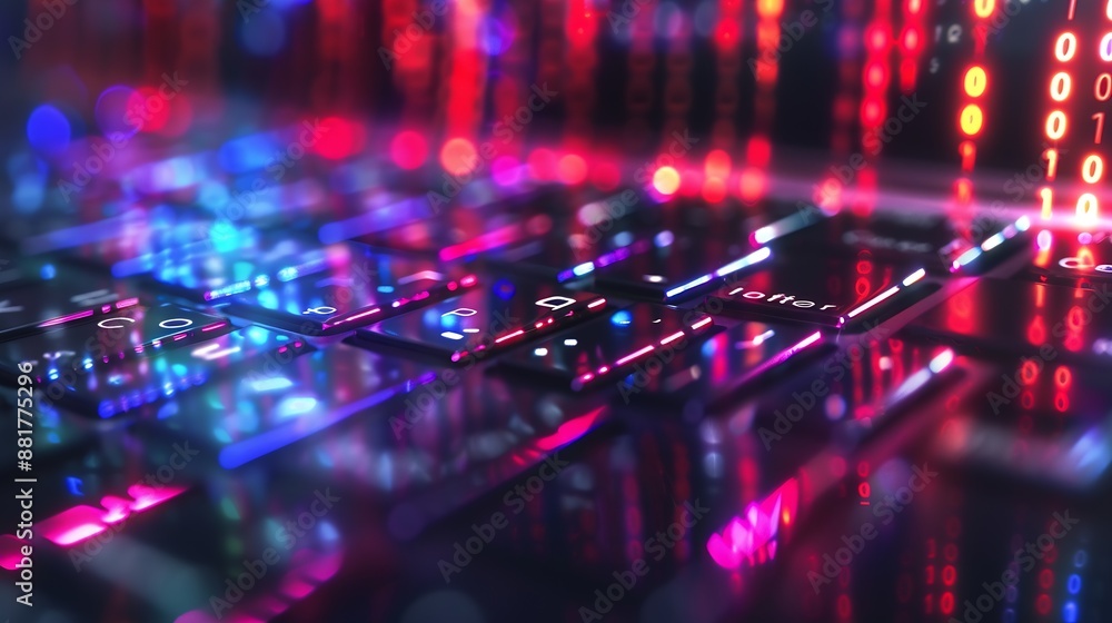 Fototapete Digital security concept binary code and neon keyboard moving and blurred by motion : Generative AI
