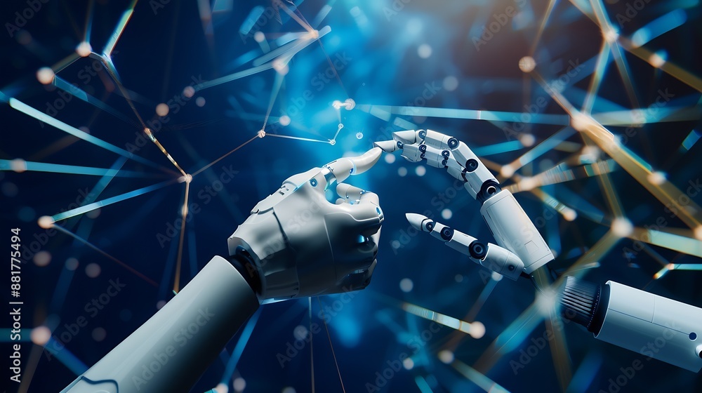 Leinwandbilder Ai technology Machine learning Chatbot Hands of robot and human Data exchange on abstract cube network connection Deep learning Innovative Business and artificial intelligence technolo : Generative AI