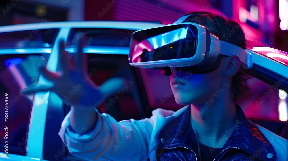 Aufkleber Smart man wear virtual goggle while move driving car hand gesture Caucasian teenager using futuristic digital technology to enter virtual world while standing at colorful neon backgrou : Generative AI