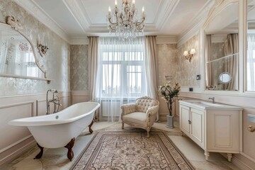 A stylish, white bathroom with a clawfoot tub, a large window, and a chandelier