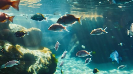 Underwater shot of schooling fish swimming in the wild in clear blue water : Generative AI