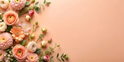 flowers on orange background top view in flat lay style