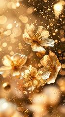 Imagine a mesmerizing view with golden flowers set among twinkling, blurred bokeh lights, crafting a chic and ethereal atmosphere ideal for natureinspired art and wallpapers