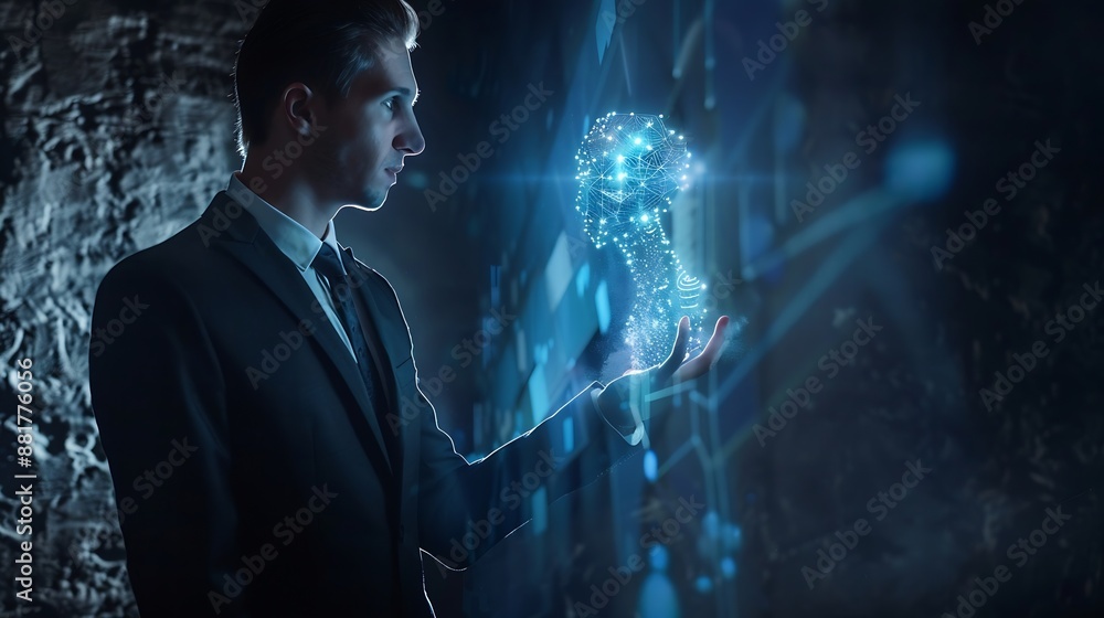 Fototapete Businessman show virtual graphic Global Internet connect Artificial Intelligence using command Chatbot for generates something Futuristic technology transformation chatbot Chat with AI : Generative AI