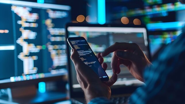 Digital software development 40 technology Data transfer Big data Internet of Things IoT concept Man programmer software engineer using mobile smartphone with computer code : Generative AI