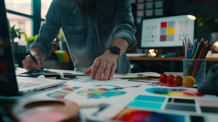 Graphic designer brainstorm logo and graphic art at busy creative studio workshop Experiment and brainstorm color palette and pattern at workspace table for creative design Panorama sh : Generative AI