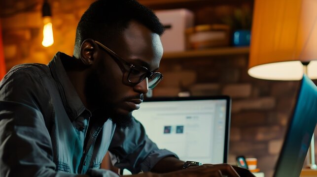 Successful African American graphic designer using his laptop and creative skills to design logos websites and other digital media : Generative AI