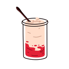 Yogurt in glass container. Spoon in creamy dairy product, natural milk and fruit dessert. Healthy protein snack. Probiotic yoghurt. Flat vector illustration, isolated on white background
