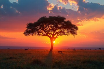 A stunning sunset over the Serengeti with silhouettes of acacia trees, roaming wildlife, and a vast, open sky. 