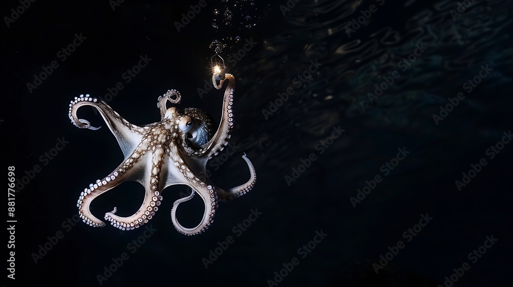 Poster juvenile octopus is swimming to the torch light from boat in the black water dive torch light will h
