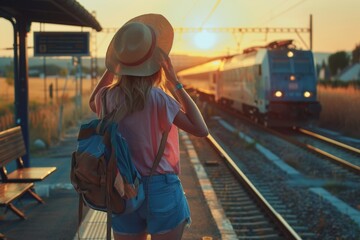 Woman waiting for a train at sunset. Relaxed atmosphere with a vintage travel theme. Fits well for travel blogs, ads, and inspirational content. Ideal for lifestyle and tourism. Generative AI