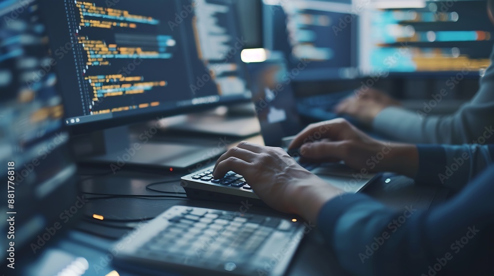 Poster A software development designer or programmer is typing on a computer to create an application using an abstract code language in simulation Digital cyber security technology concept : Generative AI