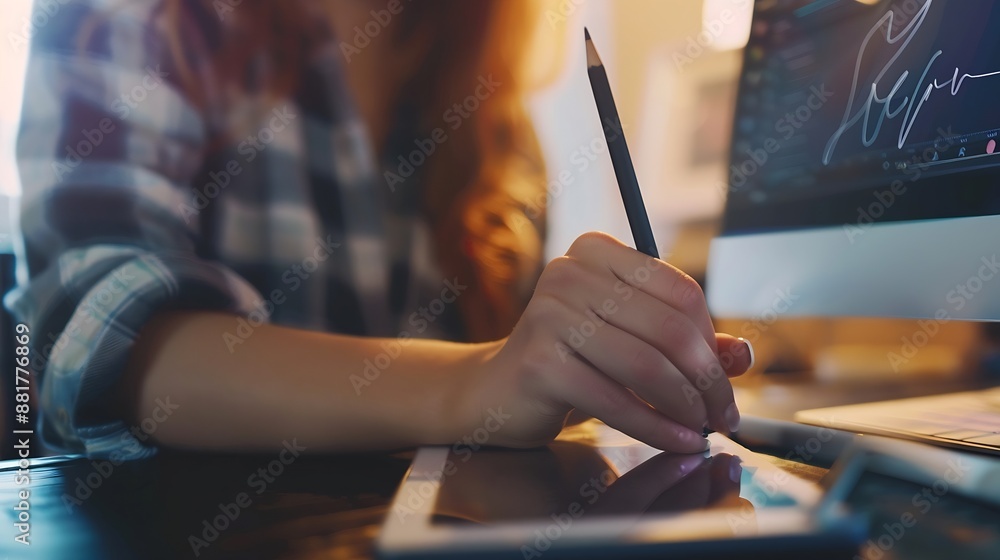 Aufkleber portrait of creative freelancer woman hand working graphic design pencil project on hand of graphic 