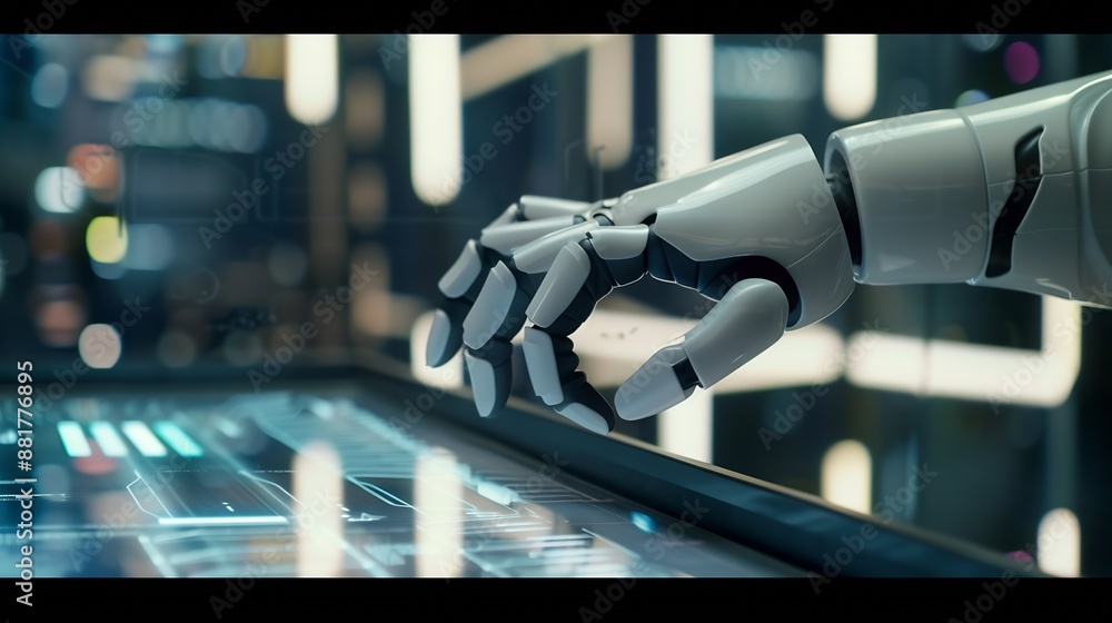 Aufkleber Man touch bar Chat bot Chat with AI Artificial IntelligenceSystem Artificial intelligence an artificial intelligence chatbot Digital chatbot Robot application conversation command : Generative AI