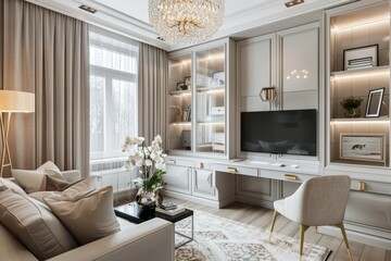 A stylish home office with a large window, built-in bookshelves, and a modern desk