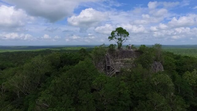 Explore the grandeur of La Danta, one of the largest pyramids in El Mirador, Pet&eacute;n, as seen from above, nestled in the lush Guatemalan jungle