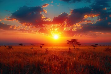 Obraz premium A stunning sunset over the Serengeti with silhouettes of acacia trees, roaming wildlife, and a vast, open sky. 