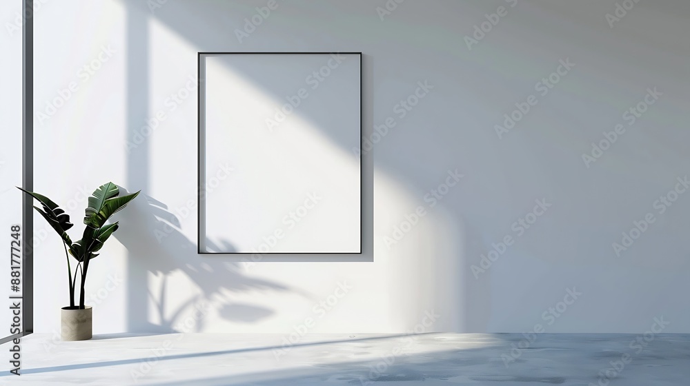 Poster Mockup rectangle frame in minimalist interior background Empty frame with natural sunlight on white wall : Generative AI