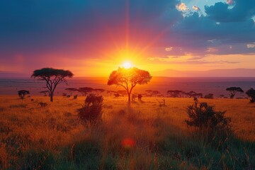 A stunning sunset over the Serengeti with silhouettes of acacia trees, roaming wildlife, and a vast, open sky. 