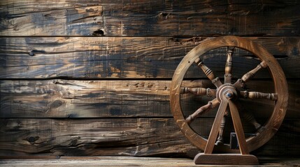 Obraz premium Vintage spinning wheel on rustic wooden background with empty area for text