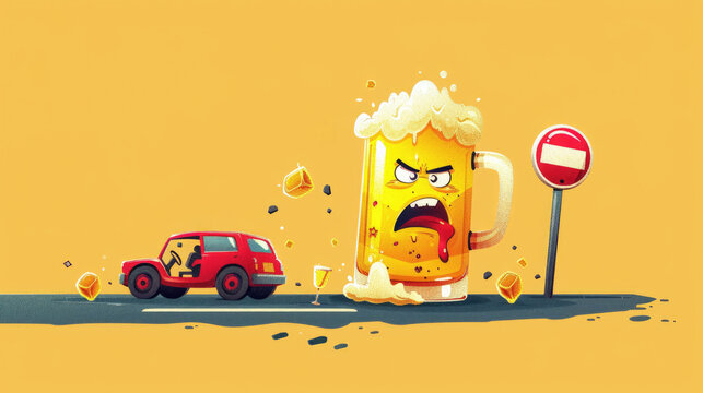 Cartoon Beer Mug and Car Highlight Drunk Driving
