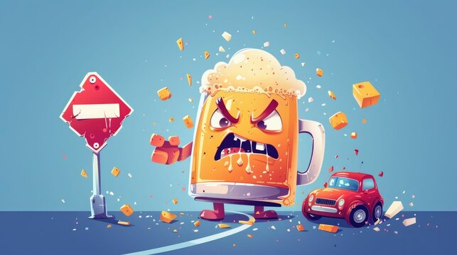 Humorous cartoon depicting an angry beer mug causing a traffic accident, highlighting the dangers of drinking and driving.
