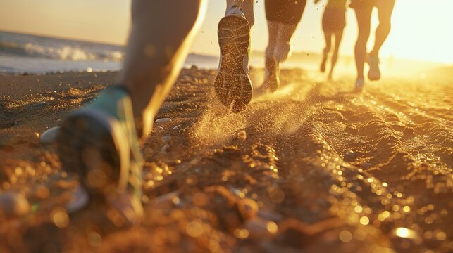 Close up legs runner group running in Motion on Beach at Sunrise.