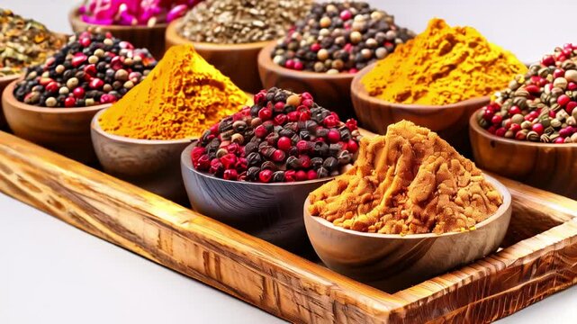 Set of natural spices isolated on a white background in a wooden organizer	
