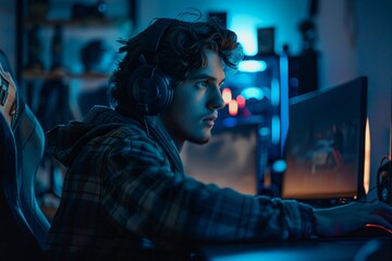 Fototapeta premium Young man intensely focused on a video game, wearing a headset in a dark, neon-lit gaming room with multiple screens