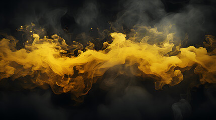 abstract graphic illustration of abstract fluid yellow wave smoke, form, patterns, and textures in shades of color mood and tone on black background