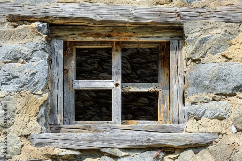 Poster A wooden window frame set in a stone wall, possibly as part of a building or structure