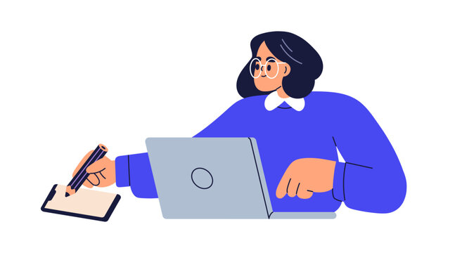 Business woman at laptop. Female employee taking notes with pencil, writing on paper. Entrepreneur working, studying at notebook computer. Flat vector illustration isolated on white background