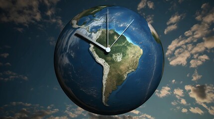 Blue and green planet Earth with time zones and a clock pointing to six o clock