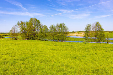 Panoramic view of Biebrza river and Biebrzanski National Park grassy wetlands seen from Burzyn village near Wizna town in Podlaskie region of Poland