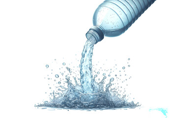 Transparent plastic bottle with water pouring out of it. Isolated on a white background.